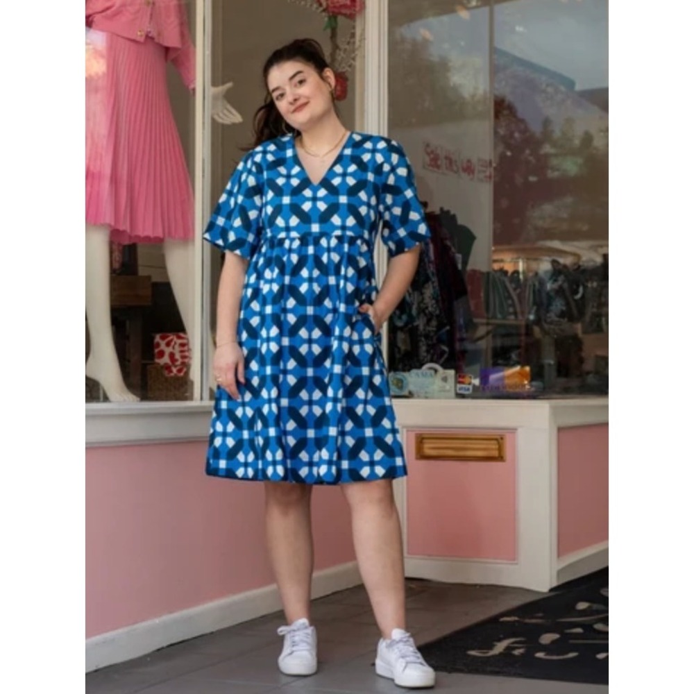 Lesley Evers Cara Dress Blue Geometric Tile Print Cotton Poplin Babydoll 1X